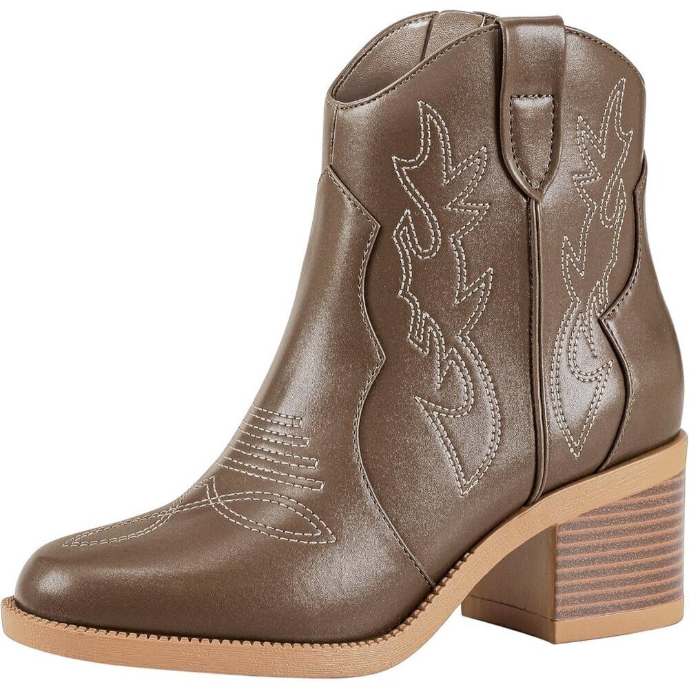 Women's Polyurethane Tan Embroidered Round Toe Short Ankle Chunky Heel Boots